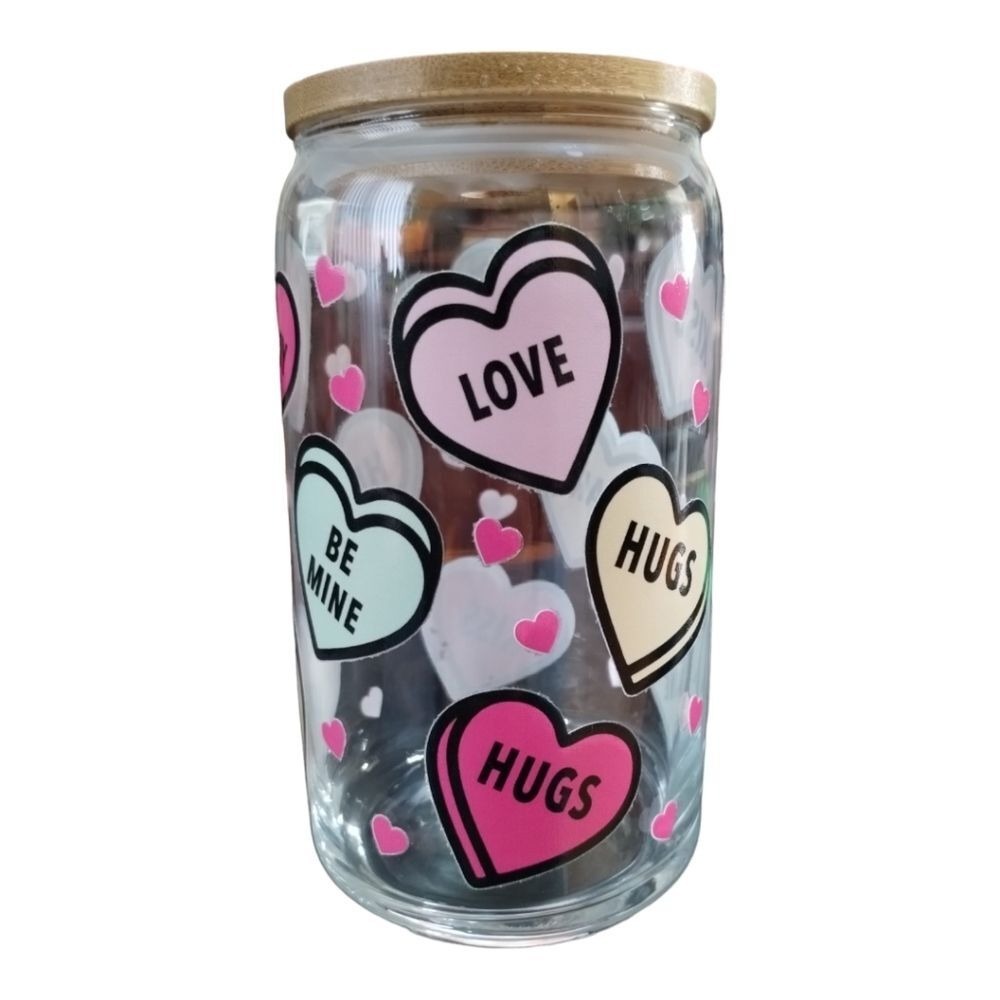 Conversation Heart Glass Can Cup Tumbler Valentine Day Gift Bamboo Lid UVDTF